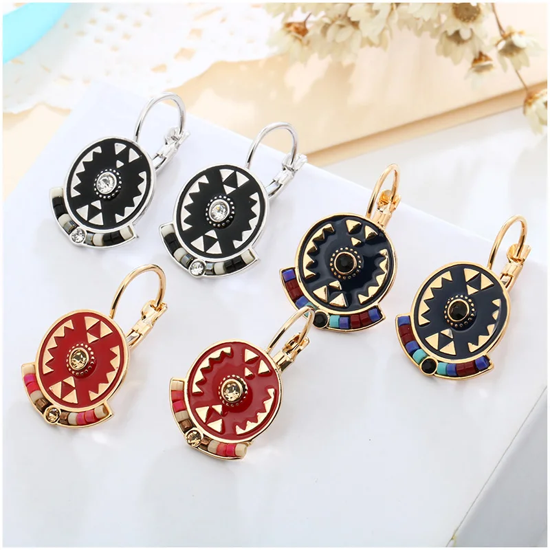 

Shineland Indian Jewelry Boho Earrings Black Red Enamel Beads Rhinestone Round Carved Drop Ethnic Earring New Brincos For Women