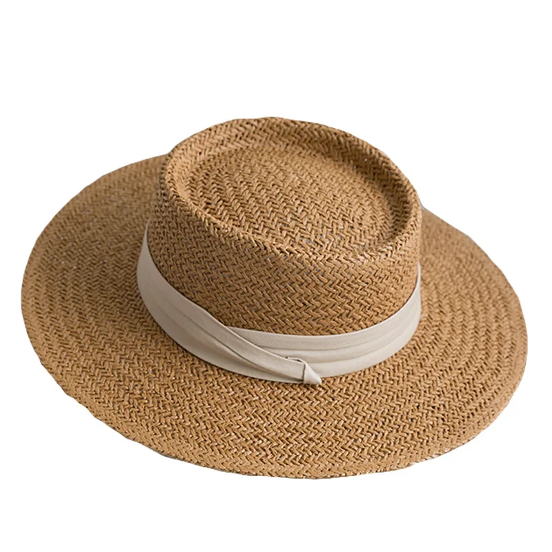 

Summer Flat Top Straw Hat For Women For Travel Retro French Beach Hats Ladies Sun Hats For Women Panama Sunshade Raffia Gorras