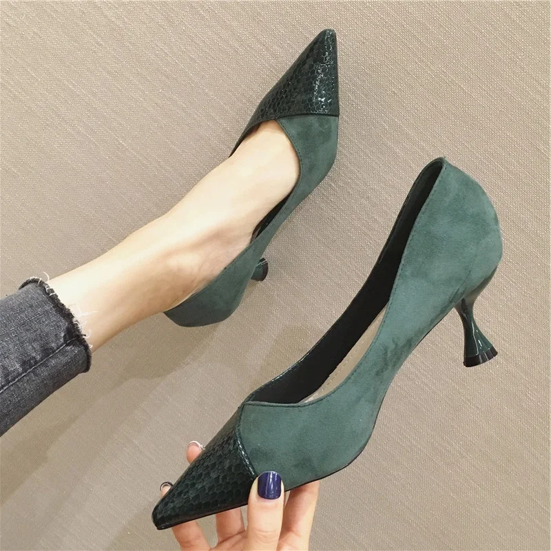 Patchwork Pointed Toe Shallow Fashion Pumps Dark Green Qualities Thin High Heels Slip On Casual Brief Ol Dress Work Woman Shoes