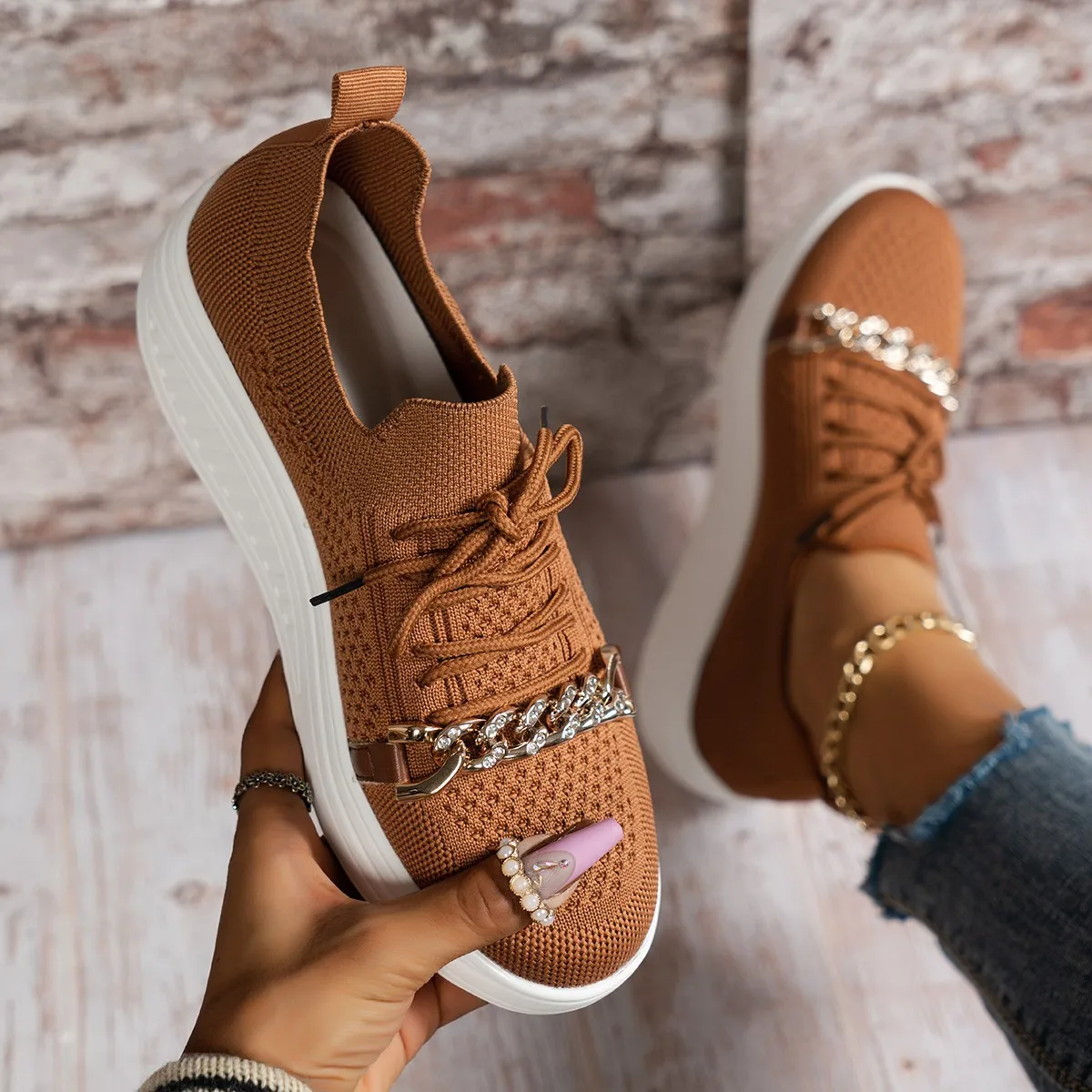 

Женские спортивные туфли, новинка весны и лета 2023, летние тканые туфли со шнуровкой и цепочкой, Индивидуальные женские туфли, одна обувь