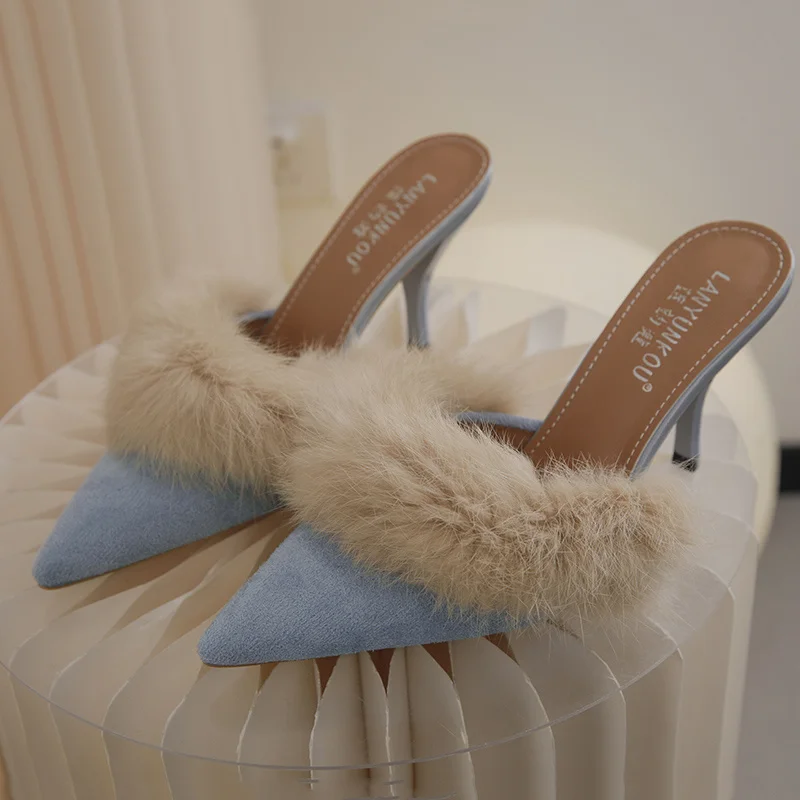 

Меховые шлепанцы для женщин, элегантные туфли на высоком каблуке, заостренный носок, новые модные пушистые тапочки, обувь на тонком каблуке ...