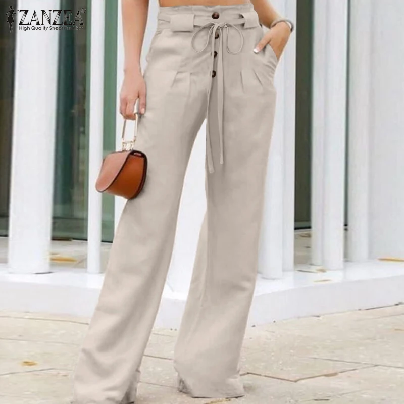 

Stylish Women Wide Leg Trousers Spring Elegant OL Pants ZANZEA Casual Work Palazzo Fashion Solid Buttons Long Pantalon Oversized