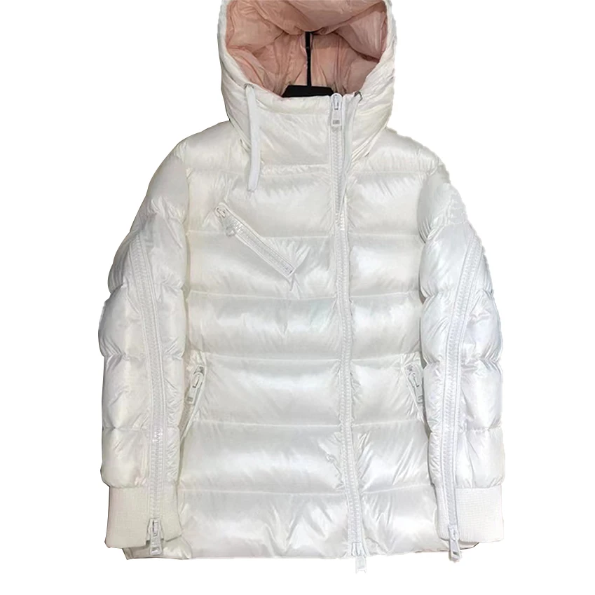 

Women's Diagonal Zipper White Duck Down Hooded Down Jacket Couple Cloak Winter Thick Glossy Warm Coat 2102