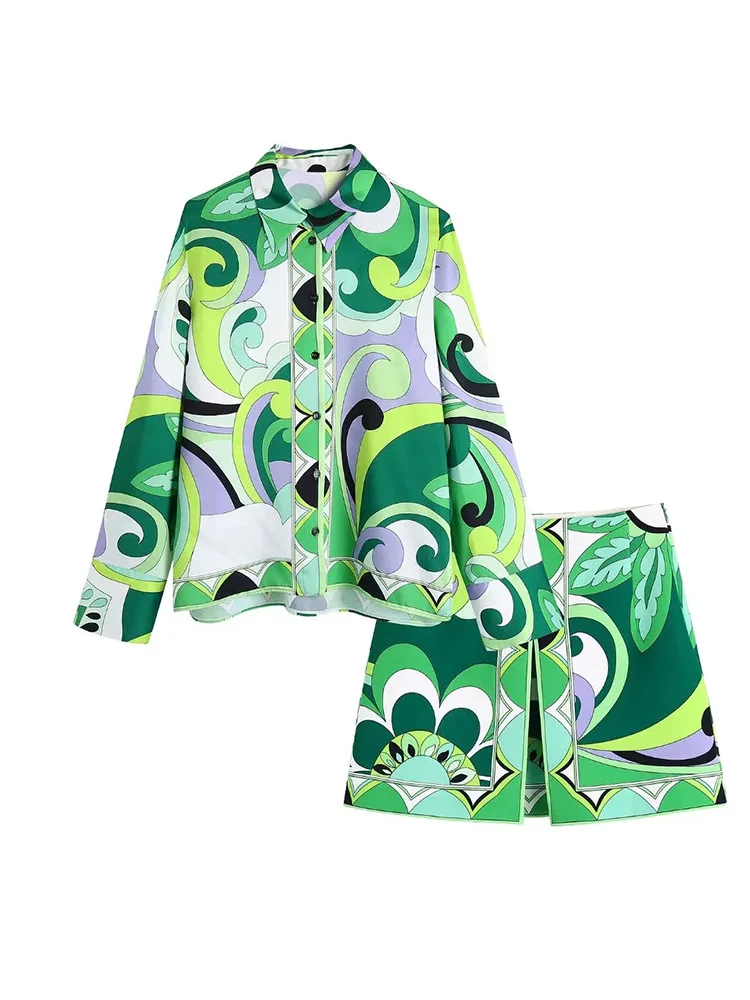

Women Fashion Button-up Printed Blouses And High Waist Side Zipper Ankle Trousers And Shorts Skirts Female Sets Mujer