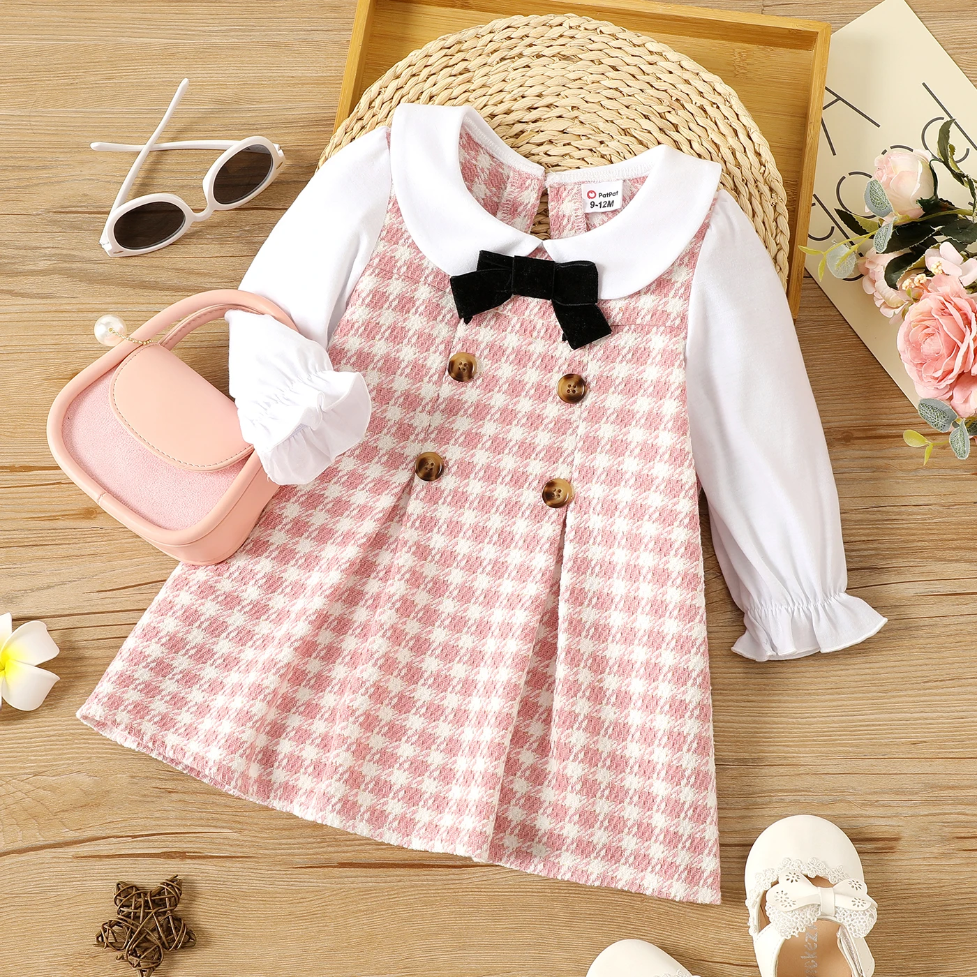 

PatPat Baby Girl Peter Pan Collar Long-sleeve Double Breasted Pink Houndstooth Dress
