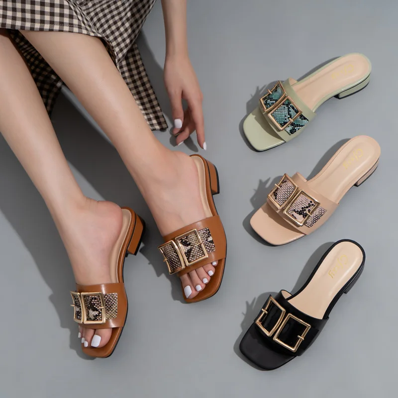 

Maogu Classic Square Buckle Slippers Female Retro Comfortable Outside Wear Sandal Female Shoes Low Heel Shoe Summer Sandals