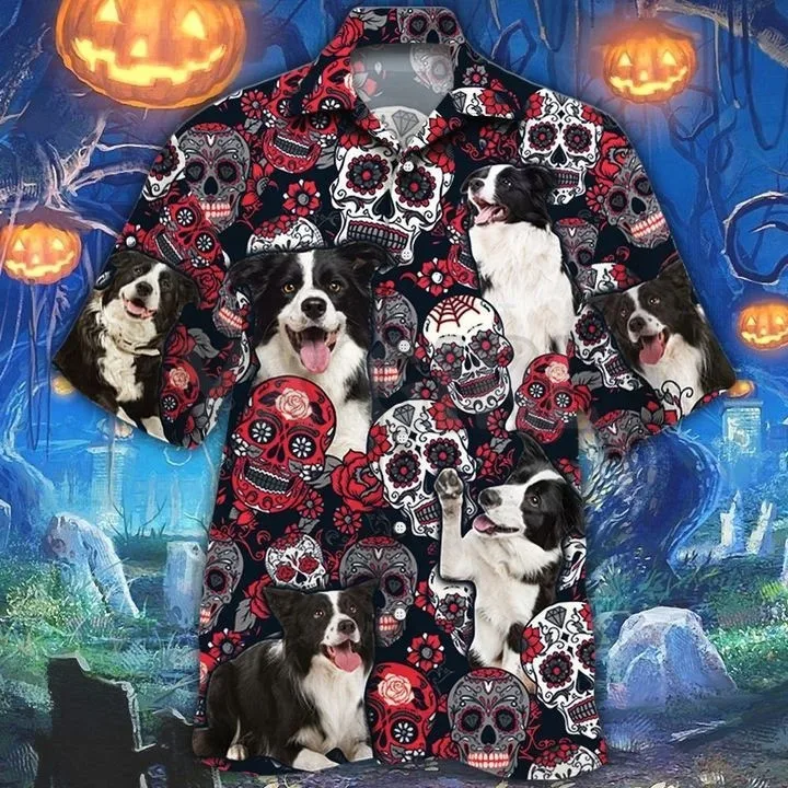 

Border Collie Sugar Skull Floral Hawaiian Shirt 3D All Over Printed T Shirts Funny Dog Tee Tops shirts Unisex Tshirt