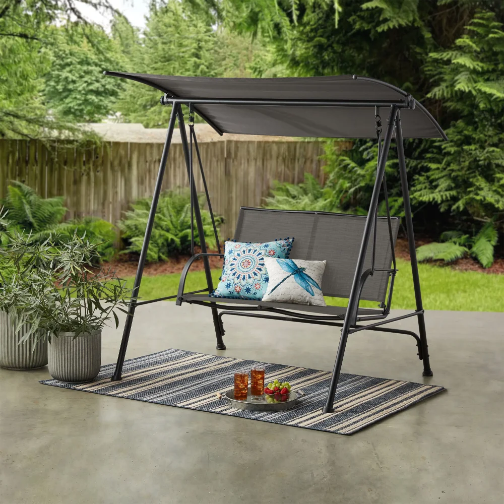 

BOUSSAC 2 Person Steel Canopy Porch Swing - Black/Gray,hammock Chair Stand,patio Furniture, Hanging Chair