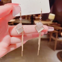 temperament fashionable square opalite diamond pendant fringe earrings for women korean fashion earring party daily jewelry gift