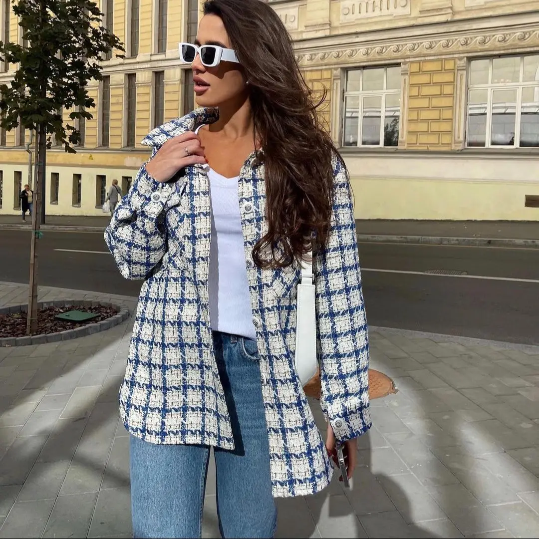 

JUNWU Spring Autumn Women's Blue Plaid Lapel Single Breasted Pocket Long Sleeve Loose Jacket Coat Casual Street Style