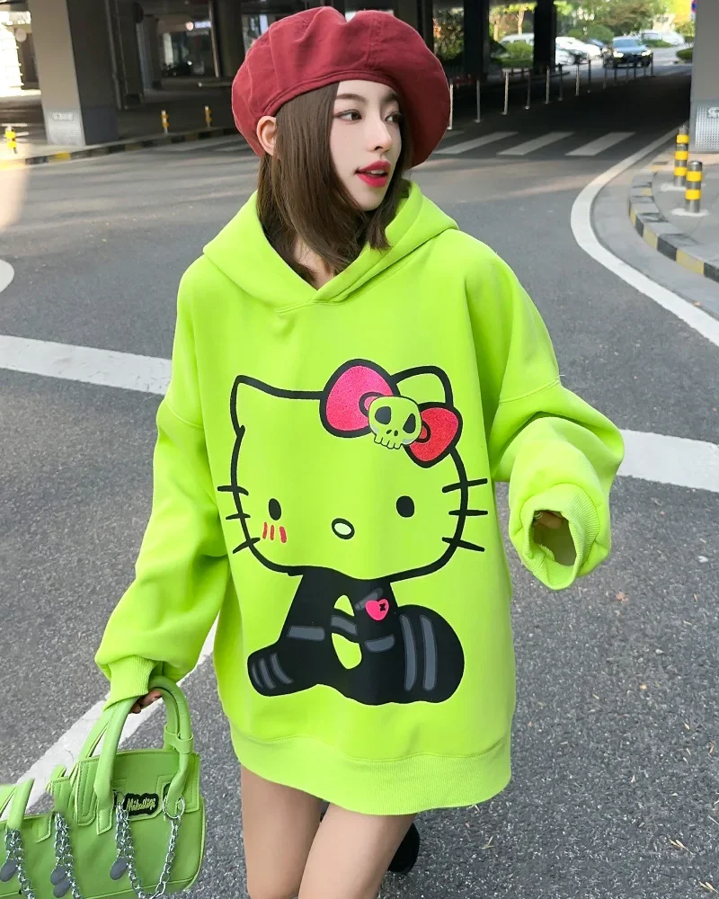 

New Anime Sanrio Velvet Hooded Sweatshirt Kawaii HelloKitty Cartoon Cute Thickened Mid Length Version Plus Size Loose Hoody Gift