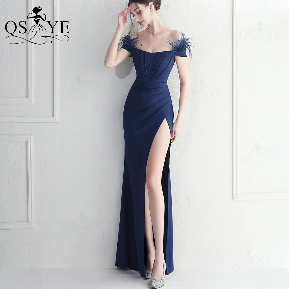 

Ostrich Navy Long Prom Dress Off Shoulder Ruched Bodice Sexy Split Party Gown Stretch Satin Girl Blue Evening Dress Bridesmaid