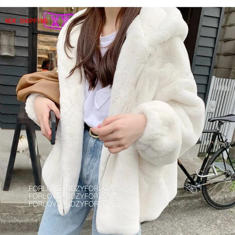 2023 Fashion Faux Fox Fur Coat White Winter Women Casual Warm Hooded Long Sleeve Soft Fox Fur Jacket Women Casaco Feminino New