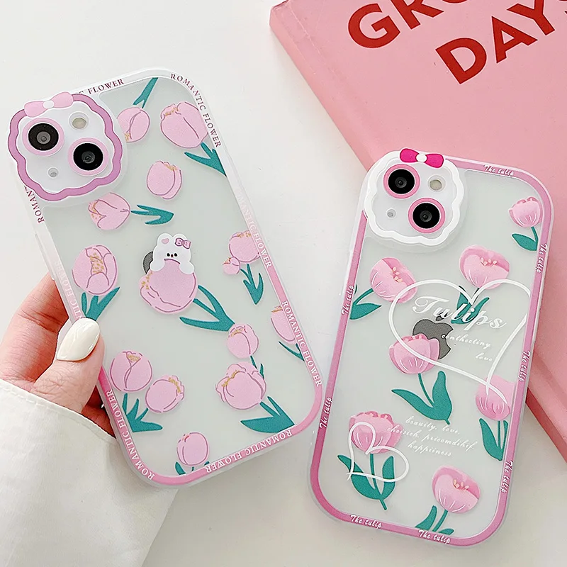 

Fashion Soft Transparent Case For iPhone 13 11 12Pro XS Max XR X Cute Bow Pink Flowers Love Lens Protection Silicone Cover