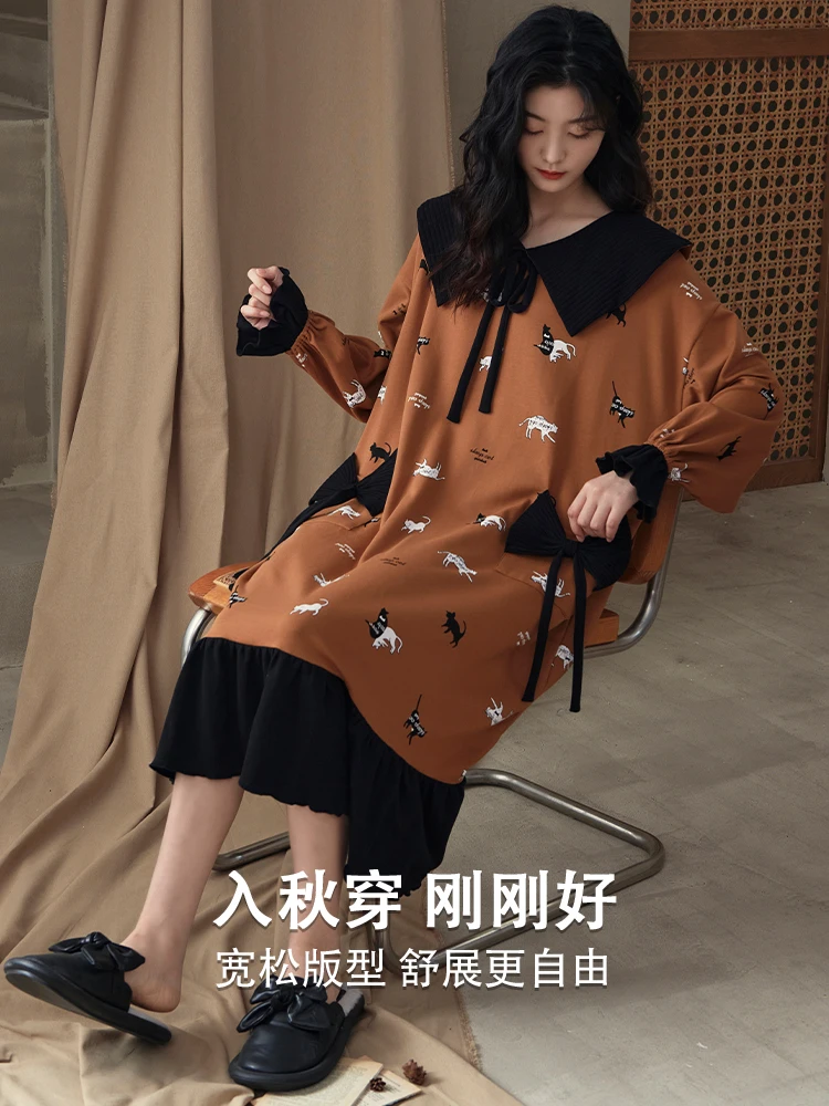 Nightdress Women's Spring and Autumn Winter Cotton Long sleeve Mid-Length Dress 2023 New Coffee Color High-Grade Home Wear