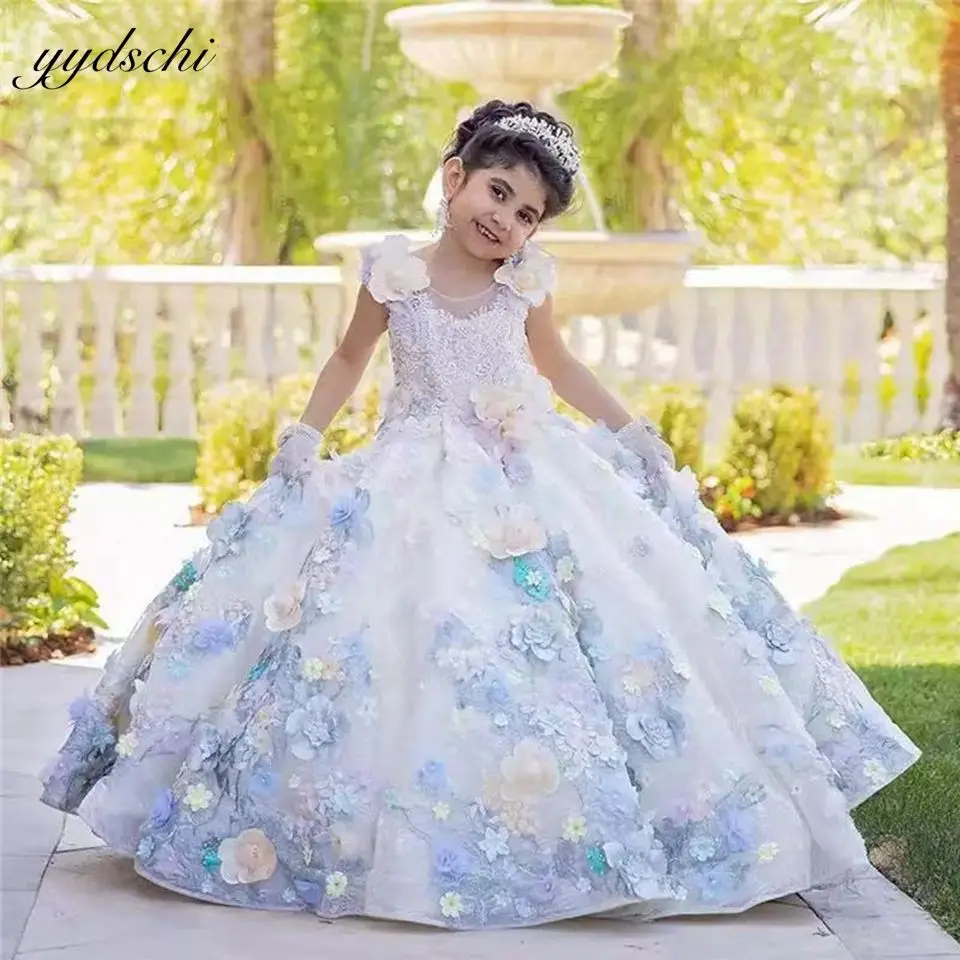 

New Design Blue Floral Appliques Puff Ball Gown Flower Girls Dresses For Wedding Formal Pageant Birthday Party Gowns For Kids