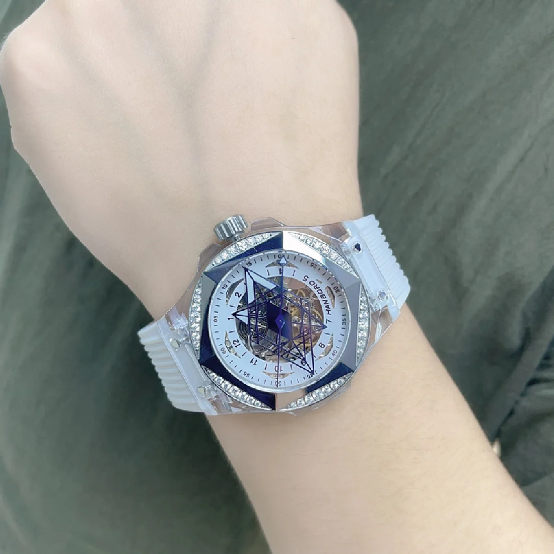 

HANBORO Men automatic mechanical watches skeleton hollowed luminous fashion MAN WATCH transparent silicone strap Wristwatch