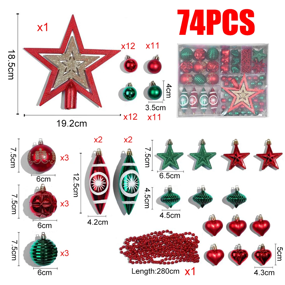 

74PCS Mixed Style Christmas Ornaments Set Christmas Tree Hanging Balls Pendant Heart Drop Balls for Xmas Tree Home Decorations