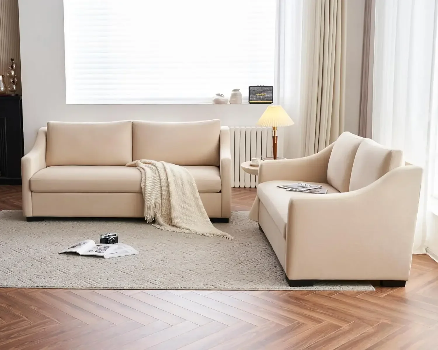 Couch Comfy Sofa with Slope Armrests 2 Piece Set Extra Deep Seat for Living Room Apartment Lounge Beige