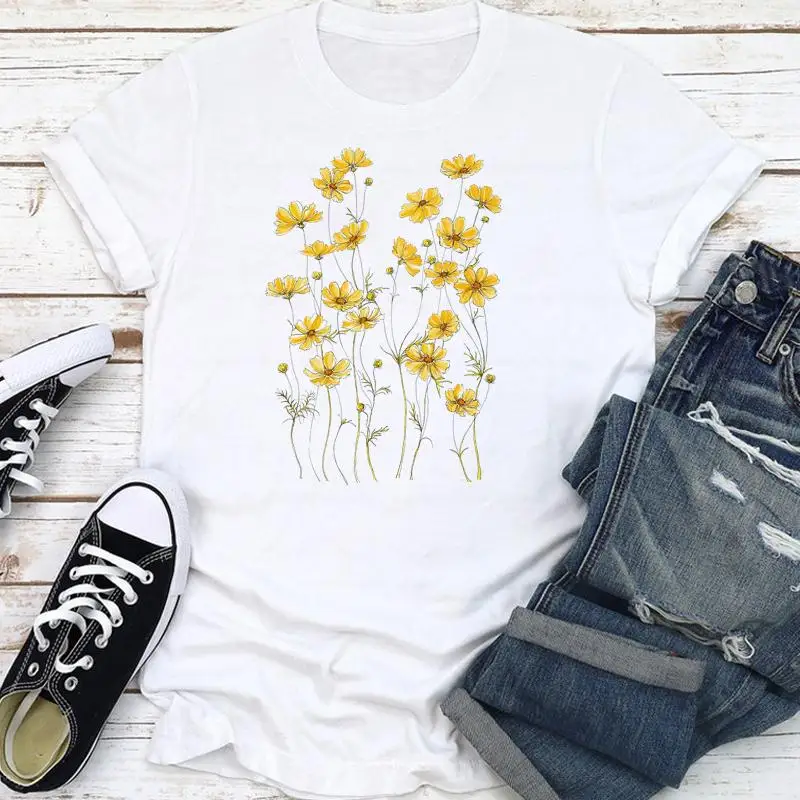 

Flower Summer Spring Cute Tee Short Sleeve Casual Tshirt Top Female Lady Fashion Shirt T Women Wear Clothes Graphic T-shirts