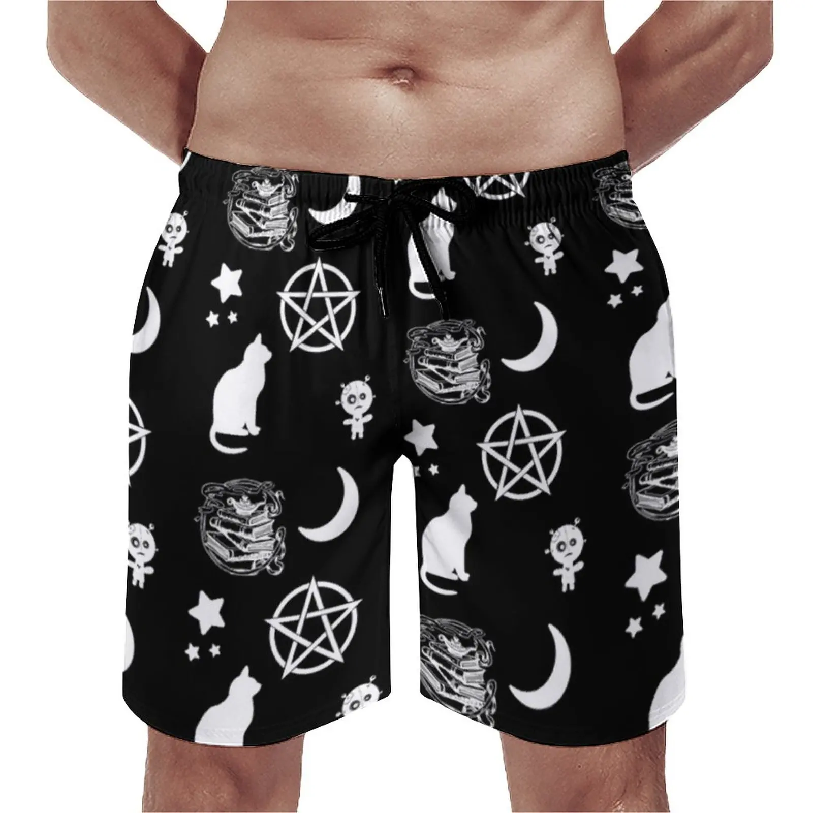 

Dark Gothic Print Gym Shorts Summer Cat Star Moon Casual Board Short Pants Man Running Surf Fast Dry Graphic Swim Trunks