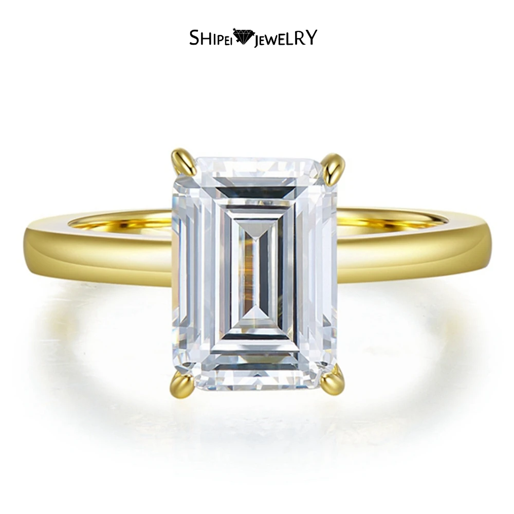 

Shipei Classic 925 Sterling Silver 7*10 MM Emerald Cut High Carbon Diamond Gemstone Engagement 18K Gold Plated Ring Fine Jewelry