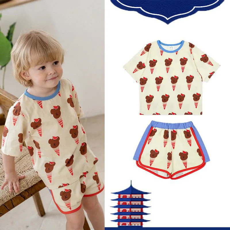 

Summer 2022 new cotton boys girls casual fashion two-piece set ice cream bear short-sleeved shorts