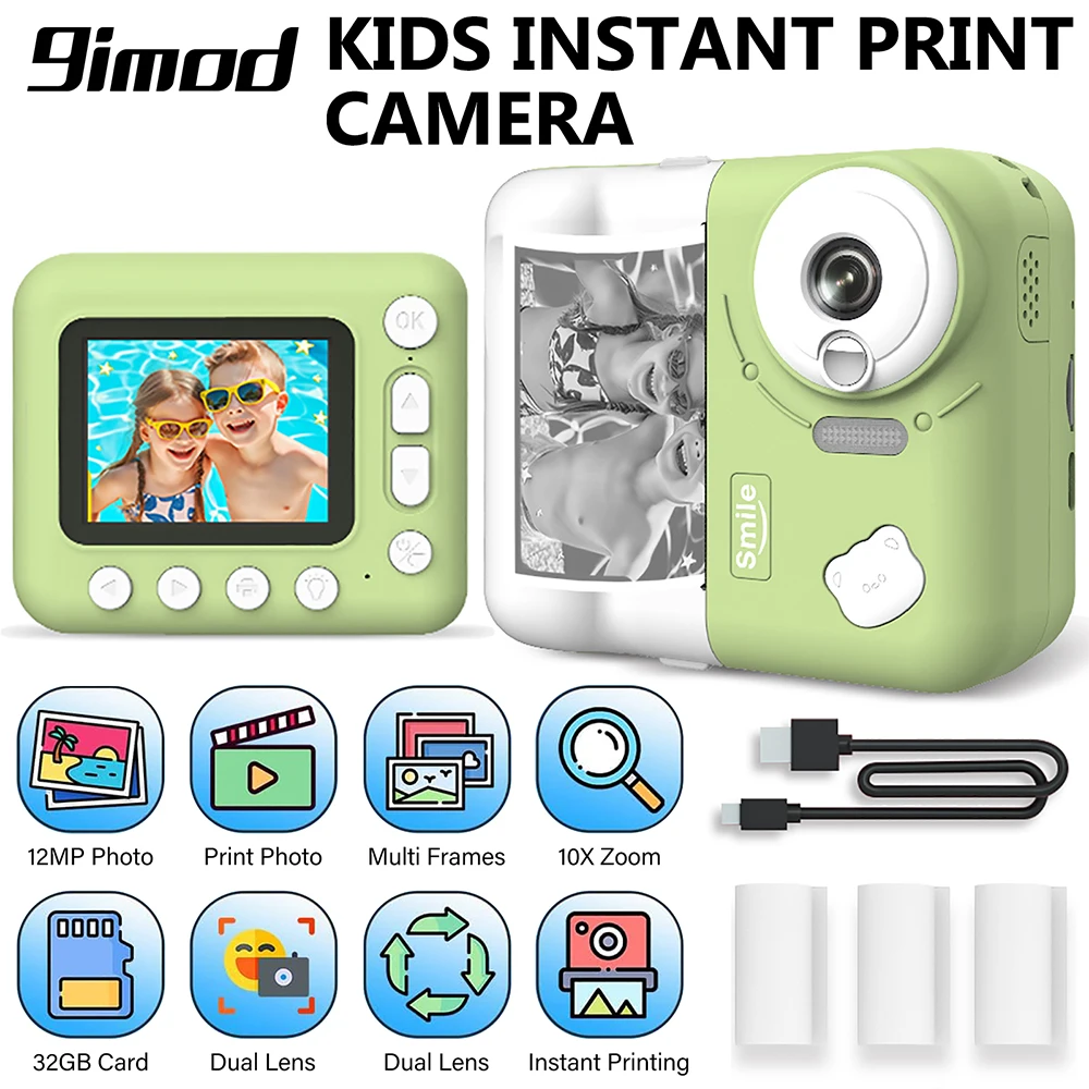 9IMOD Kids Camera Instant Print 2.4 inch 1080P Children Digital Photo Video Camcorder Toy with 10X Zoom TF Card