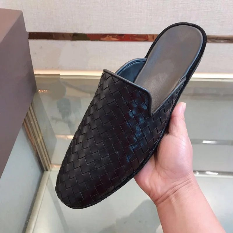

Luxury brand genuine Straight leather braided Baotou half slippers men's lazy casual no heel Lefu shoes
