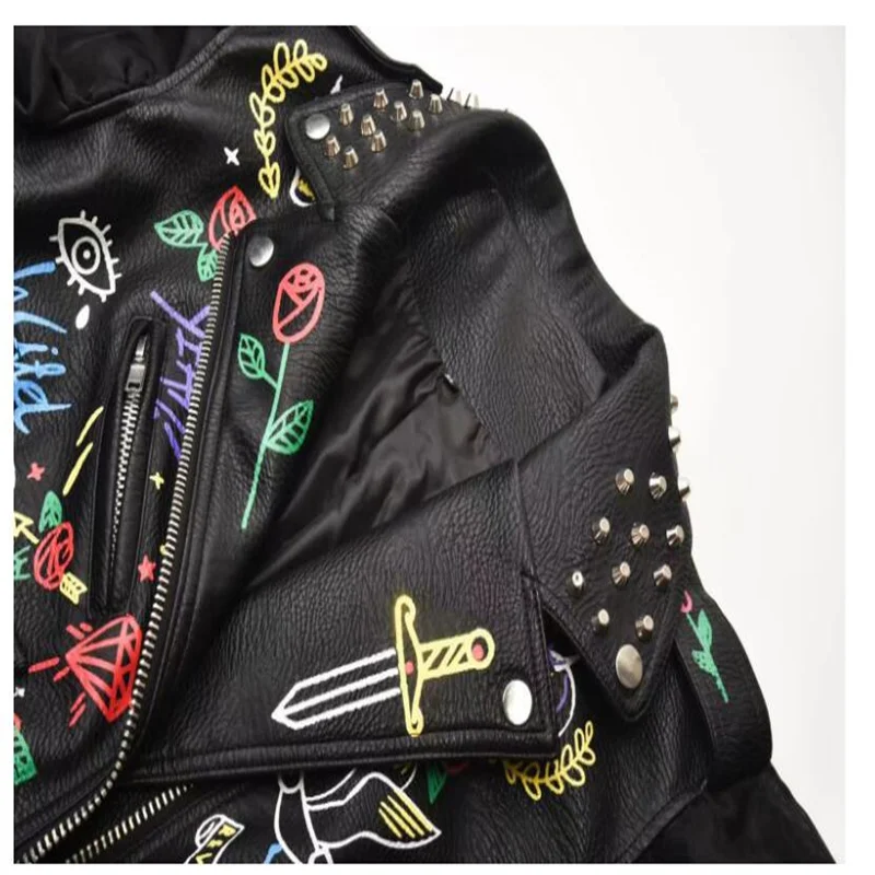 Leather jackets womens motorcycle clothes street heavy industry printing graffiti punk large  vest coats autumn winter enlarge