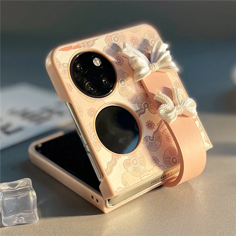 For Huawei P50 Pocket Case Pink Cloud Shell Resin Bow Holder Gift Girlfriend Cover for Huawei P50 Pocket Etui Funda Capa 5G