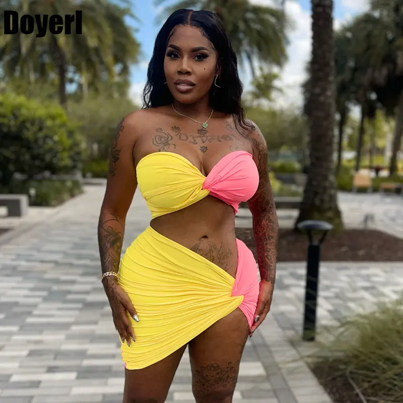 

Женский костюм с юбкой и драпировкой, летний клубный комплект из двух предметов, укороченный Топ без бретелек в стиле пэчворк и мини-юбка