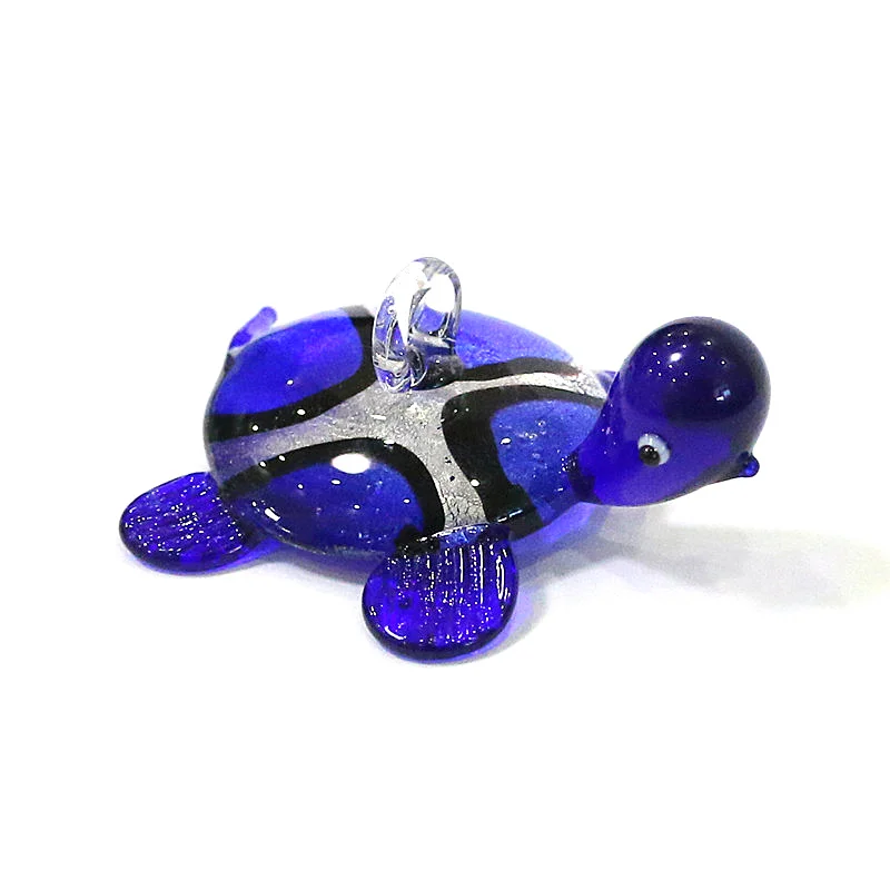 

New Cute Dark Blue Turtle Figurine Charm Glass Pendant Aquarium Hanging Decor Silver Foil Craft Sea Animal Small Statue Ornament