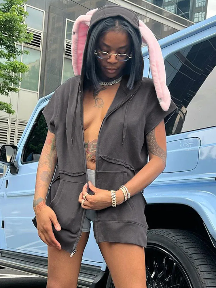 

Sexy Short Sleeve Cute Rabbit Hooded Casual Sweatshirts Women Backless Letter Print Jackets Coat 2022 Spring Fall Y2K Clothes