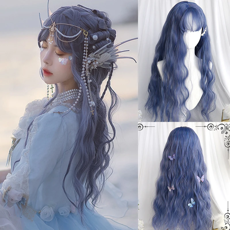 

PAGEUP Synthetic Long Blue Wigs with Bangs Cosplay Wavy Wigs with Highlight Natural Fake Hair for Black Women