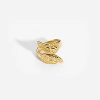 2022 stainless steel wing texture open rings trendy gold color women stylish feather leaf shaped statement ring tarnish free
