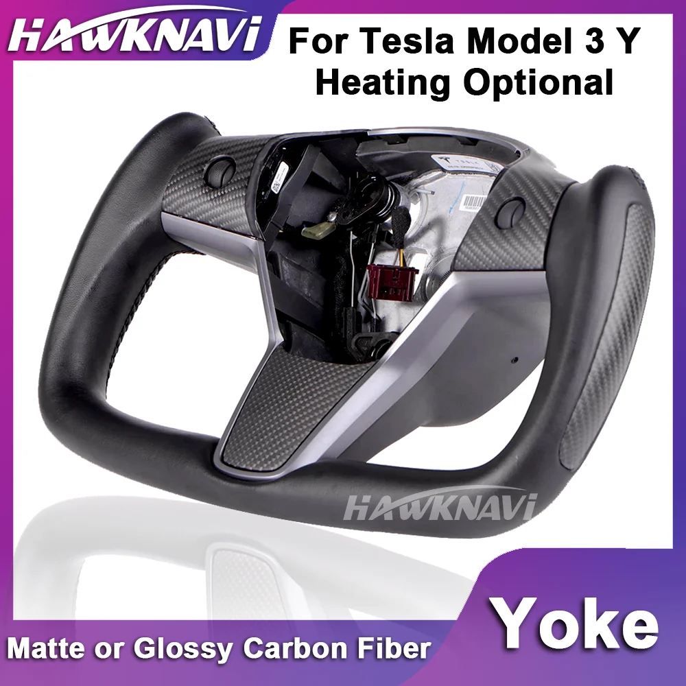 

Yoke Steering Wheel For Tesla Model 3 Y 2017-2022 Matte or Glossy Black Carbon Fiber Decorate Middle and Sides Heating Optional
