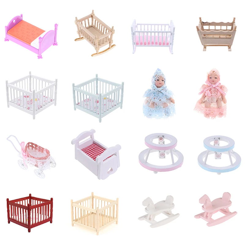 1:6 1:12 Миниатюрный Кукольный домик, деревянная колыбель, детская комната, спальня, кровать, детская каретка, ходунки, мебель, модель игрушки