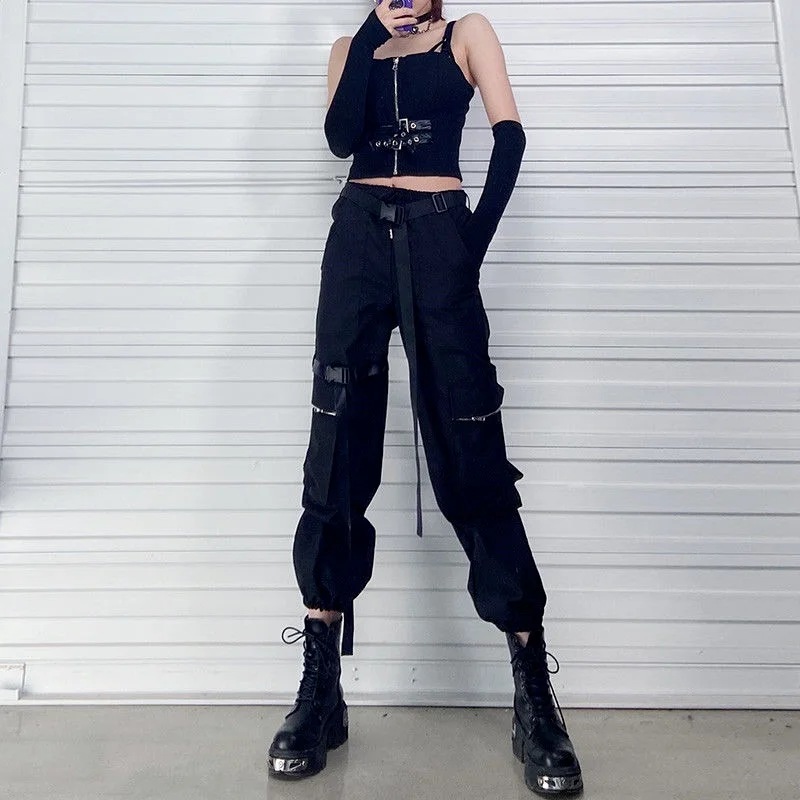 Женские черные брюки-карго QWEEK Techwear в готическом стиле женские уличные Джоггеры