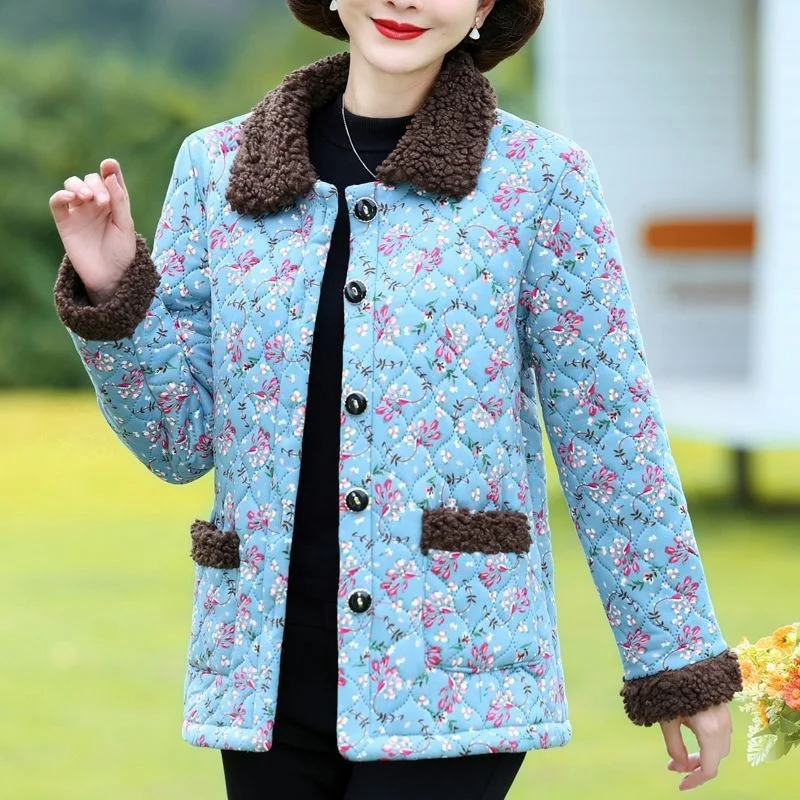 Mother 2022 New Short Cotton Jacket Autumn and Winter Cashmere Women's Floral Cotton Suit Light and Thin Coat Warm Little Cotton