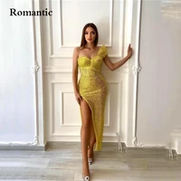 romantic yellow glitter prom gowns sweetheart one shoulder side high slit short evening party dress vestido de festa for women