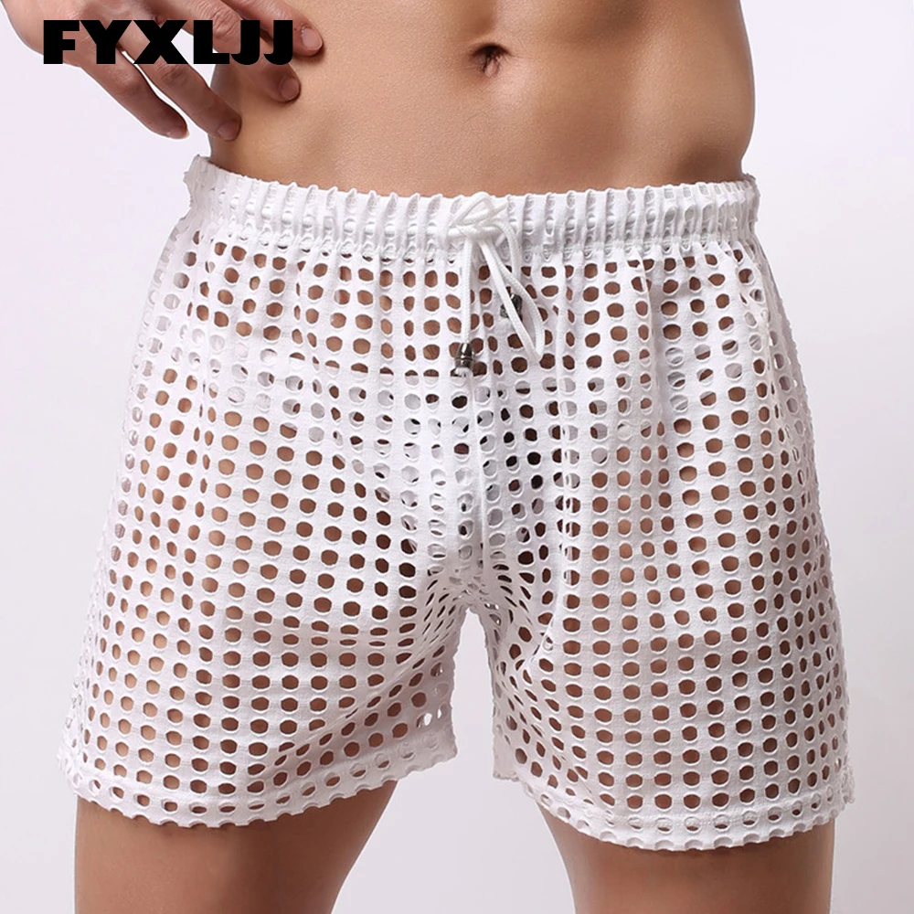 FYXLJJ Mens Sexy Beach Trunks Mesh Fishnet Hollow Out Boxer Shorts Transparent Loose Causal Shorts Sleep Bottoms Quick-dry Trunk