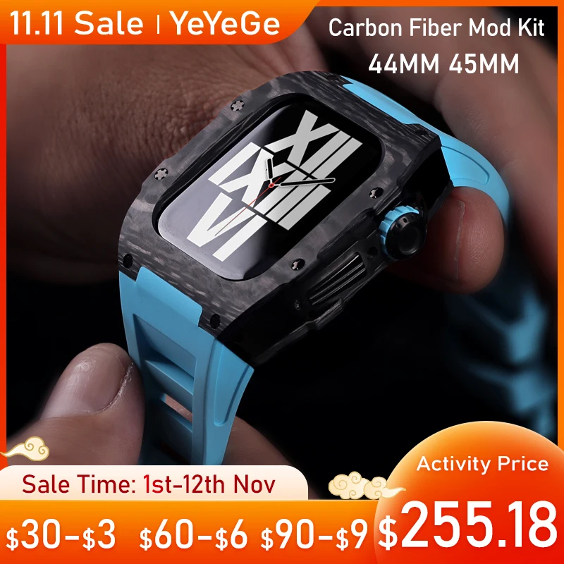 Carbon Fiber Case For Apple Watch 8 7 45mm Rubber Strap Luxury Carbon Set Frame Bezel Modification Kit for iWatch 6 5 4 SE 44mm