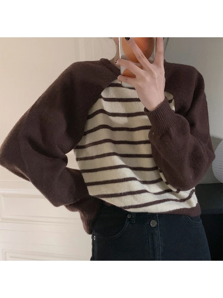 

Женский трикотажный пуловер в полоску, классический мягкий свободный свитер составного кроя с круглым вырезом, Осень-зима 2022