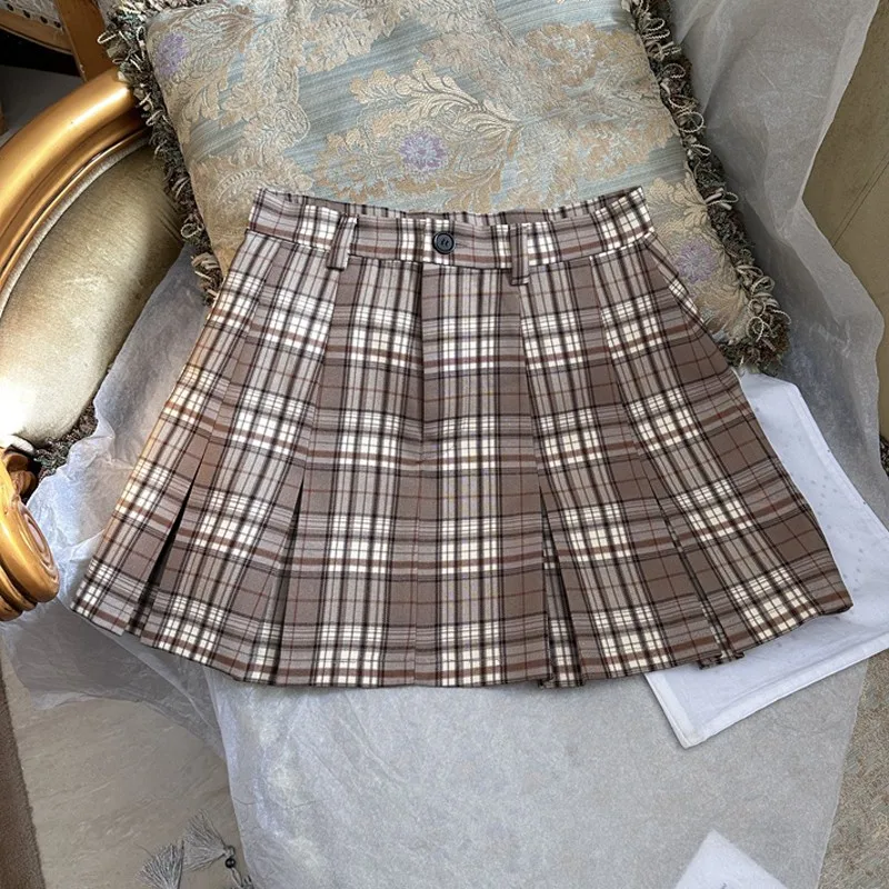 2022 New Women Plaid Skirt Girl Versatile Pleated Folds A-line Above Knee Mini Empire Slim Fit College Style Skirt Autumn Winter