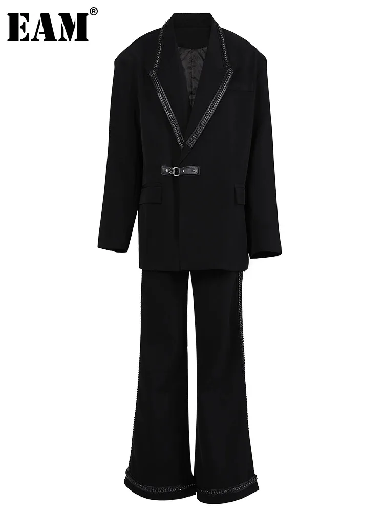 

[EAM] Блейзер большого размера с металлической цепочкой, широкие брюки, костюм из двух предметов, новинка, женский модный весенне-осенний костюм с длинными рукавами и лацканами, 2023 1DH2224