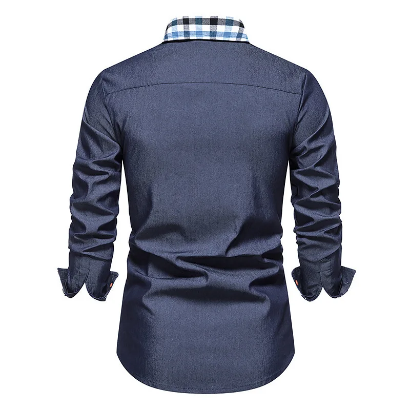 2022 new autumn and winter men's solid color long-sleeved shirt youth lapel slim shirt cotton plus size men's blue top S-2XL