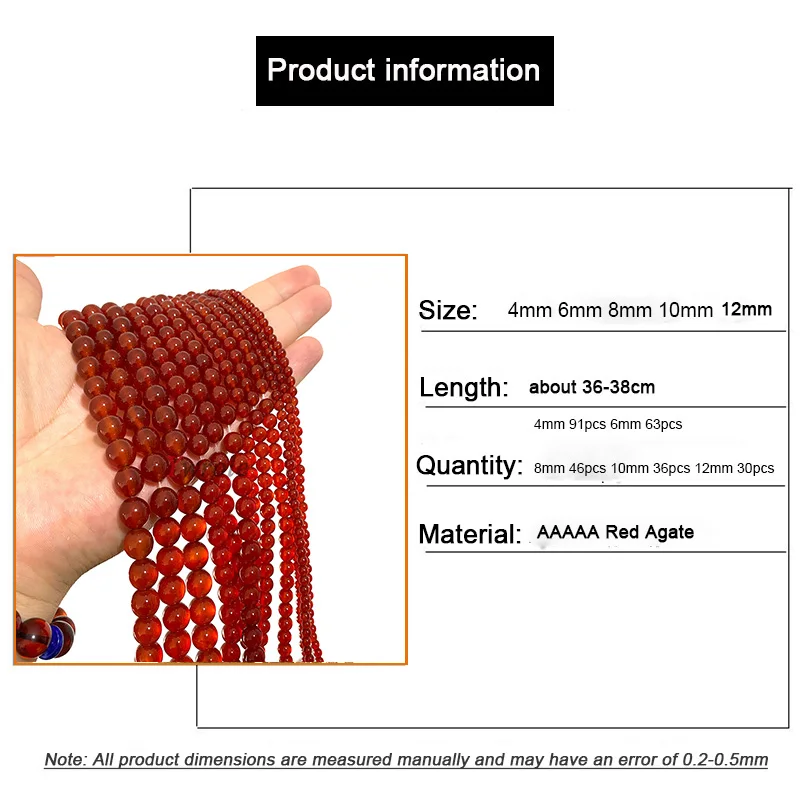 High Quality 5A Red Agate Natural Stone Beads Smooth Gem For Jewelry Making DIY Bracelet Handmade Accessories 4 6 8 10 12MM