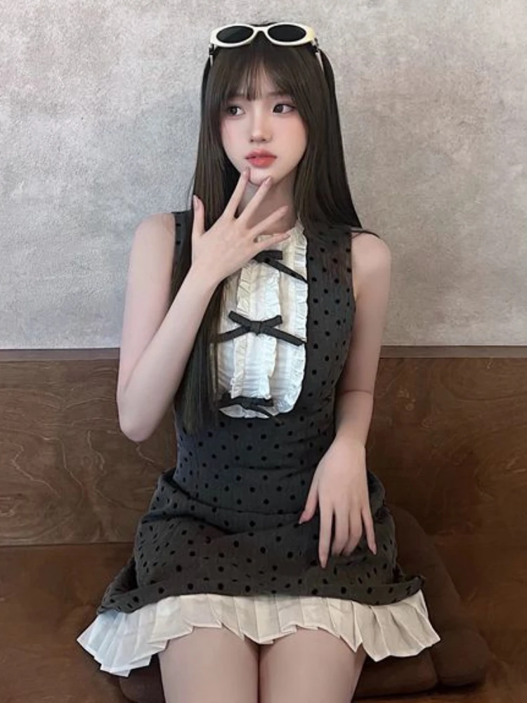 QWEEK 2024 кокетка кавайное милое мини-платье в стиле Лолиты горошек женские милые