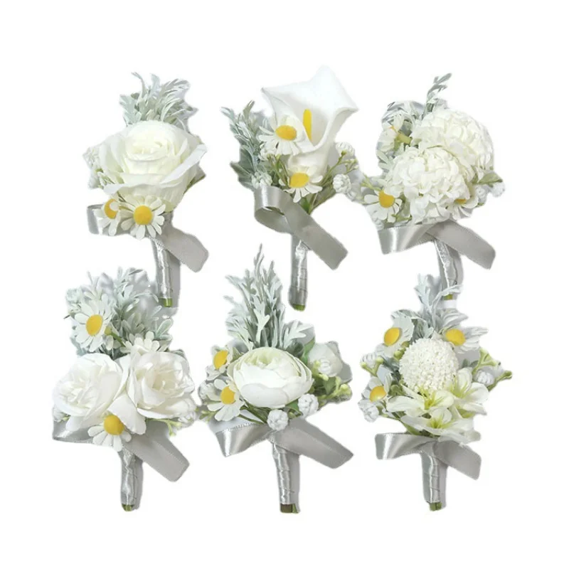 BAIFUMINGYI White Dasiy Artifical Flowers Bridesmaid Boutonnieres Bracelet Wrist Corsage Marriage accessories